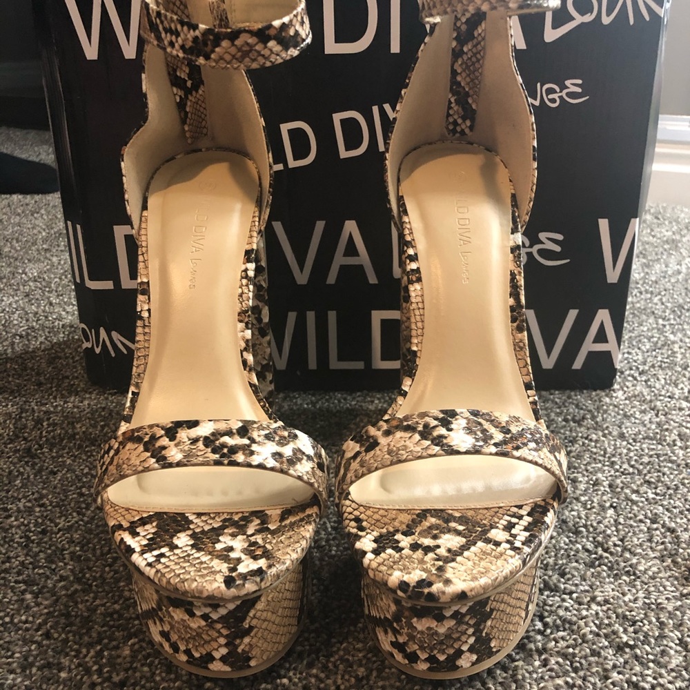 Strappy Snake Print Platform Heels.